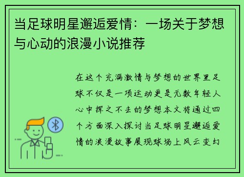 当足球明星邂逅爱情：一场关于梦想与心动的浪漫小说推荐